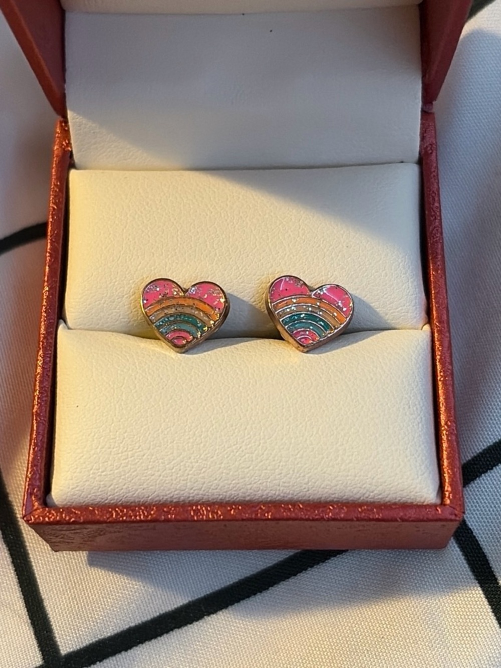 Heart Rainbow Enamel Stud Earrings - Pink & Multicolor
